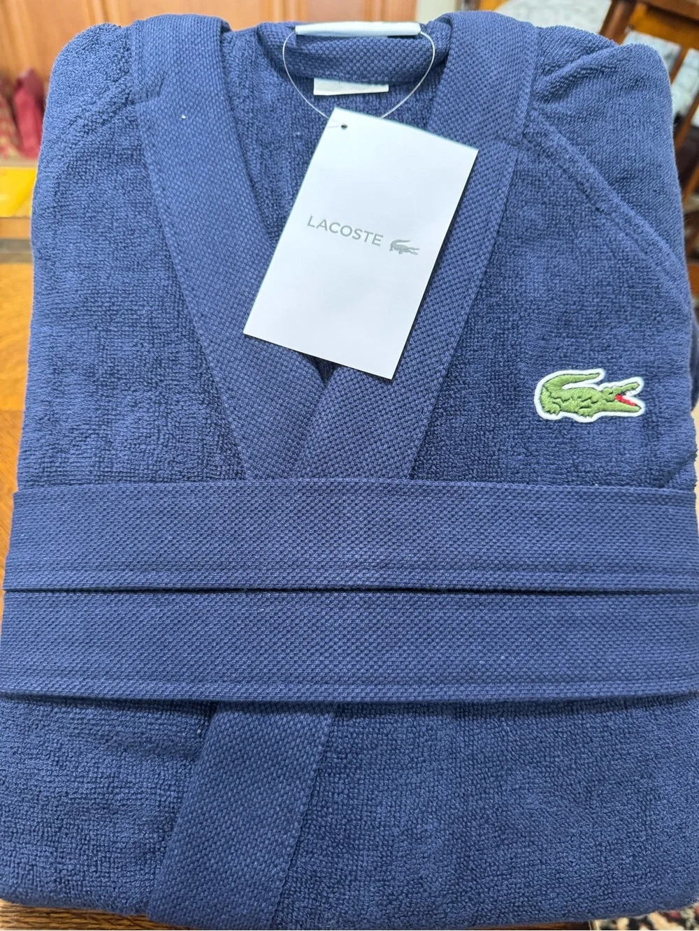Lacoste Navy Blue Cotton Terry Bathrobe with Crocodile Logo .Unisex , Brand new💕